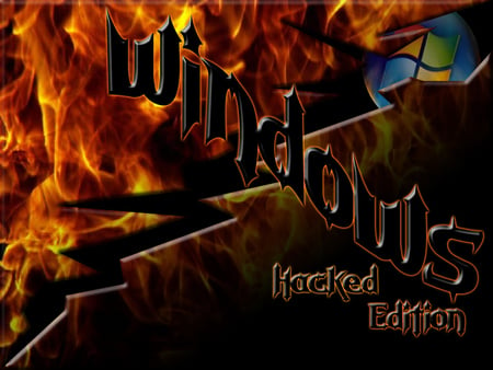 windows hacked edition - yellow, blue, windows, crack, hacked, cracked, black, fire, red, green, flames, technology