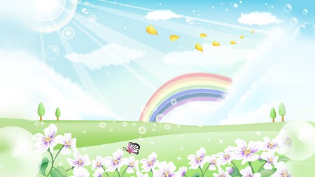 Beautiful Summer Day - clouds, trees, blossoms, petals, firefox persona, flowers, rainbow, butterfly, sky