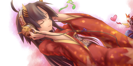 hinomoto oniko - tsukigami chronica, headphones, long hair, animal, kimono, japanese clothes, horns, hinomoto oniko