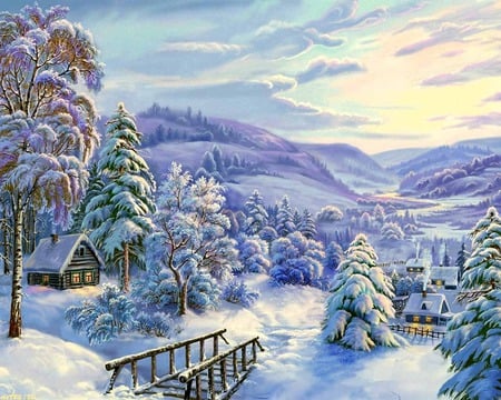 Frosty - cottage, slope, white, cold, frozen, mountain, deep, snowflakes, cabins, nature, forest, frost, snow, beautiful, cabin, nice, sky, trees, peaceful, mountains, path, painting, crystal, calmness, clouds, house, bridge, winter, lovely, serenity, village, steps, snowing