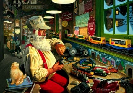 Santa\\\'s Trains - gift, cat, toys, santa claus, fantasy, christmas, painting, train, santa, art, artwork, lamps, holiday, trains, workshop