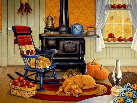 Warm And Cozy - pumpkins, window, dog, teapot, lantern, cat, chair, flowers, basket, door, apples, autumn, wood stove