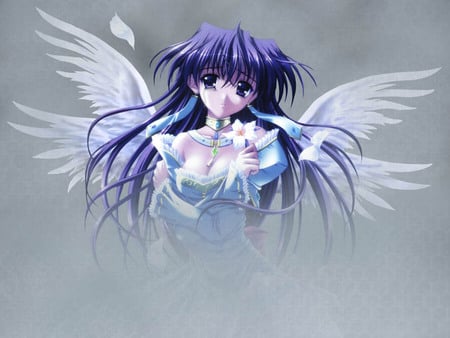 angel - purple, angel, cloud, long hair, gray