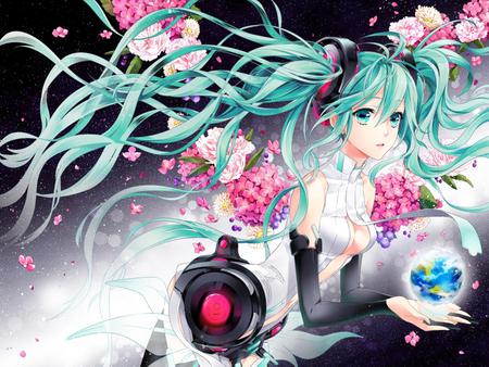 Miku Append - pretty, planet, earth, pink, flowers, space, headphones, nice, program, hot, beauty, virtual, petals, white, cherry blossom tree, cute, aqua eyes, song, sexy, vocaloid, anime, twintail, hatsune miku, stars, microphone, shiny, music, aqua, idol, anime girl, sakura, beautiful, singer, girl, cool, black, glow, miku, sakura tree, awesome, diva, aqua hair, hatsune, vocaloids, headset