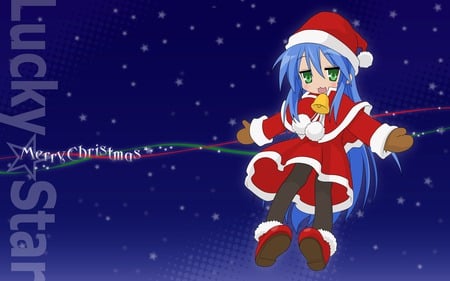 Lucky Star Xmas - xmas, hat, shoe, white, long hair, bell, konta izumi, gloves, izumi, christmas, blue hair, green eyes, lucky star, red, snow, konata, blue backround