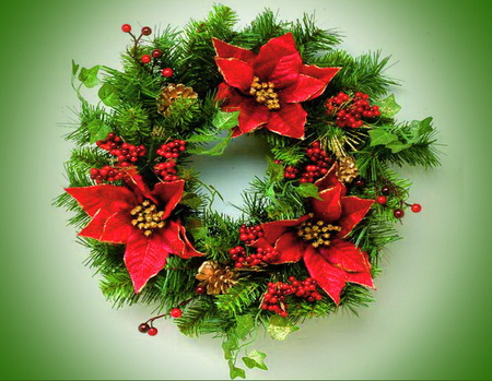 Poinsettia wreath - leaves, wreath, flowers, poinsettia flowers, red and green, christmas