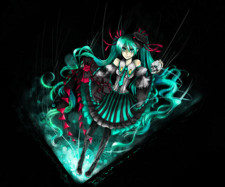 Hatsune Miku - tie, pretty, evil, nice, program, hot, thighhighs, beauty, virtual, white, cute, aqua eyes, song, sexy, vocaloid, anime, twintail, dress, devil, hatsune miku, skull, music, aqua, red, idol, anime girl, skirt, beautiful, singer, girl, cool, black, glow, miku, awesome, diva, aqua hair, hatsune, vocaloids