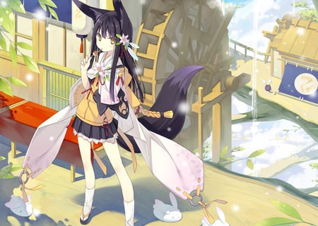 Foxgirl in Japanese Clothes - tail, yellow eyes, foxgirl, fox ears, anime, flowers, japanese clothes, original