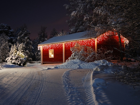 Winter Time - pretty, magic, snow, night, light, path, holiday, red, magic christmas, merry christmas, xmas, houses, cottage, sky, house, trees, winter, beautiful, road, beauty, lovely, architecture, tree, christmas, white, nature, lights, peaceful