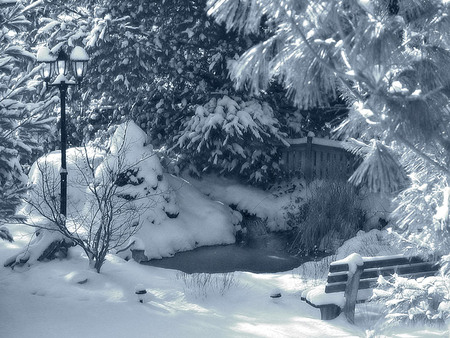 Let It Snow - snow, winter, lamp, bench, pond, bridge