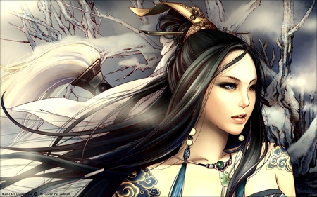 Geiko - pretty, anime, female, maiden, long hair, oriental, nice, abstract, tattoo, anime girl, beautiful, hot, girl, chinese, beauty, sweet, cg, blue eye, black hair, cute, 3d, sexy