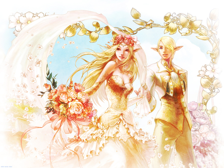 Happy Beginning - pretty, anime, female, romantic, dress, long hair, boy, male, short hair, nice, anime girl, beautiful, wedding, girl, roman, blonde hair, beauty, love, sweet, flower, elf, rose, lover, couple