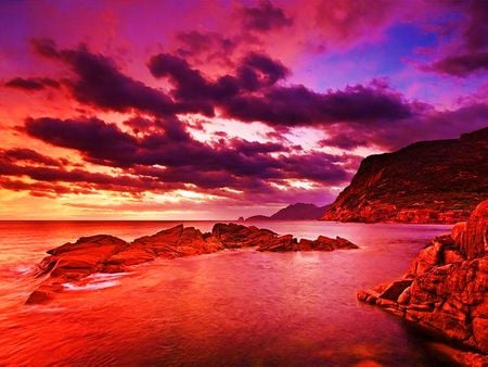 Beautiful red evening - beautiful, red sky, evening, ocean, rocks, bay