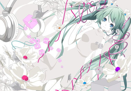 Hatsune Miku - aqua, headset, music, anime girl, white, hautsne, art, purple, cool, aqua eyes, artistic, hatsune miku, song, vocaloids, program, vocaloid, beautiful, pink, leaves, contrast, diva, dress, nice, beauty, twintail, singer, aqua hair, virtual, pretty, idol, anime, miku, cute, girl, white dress, abstract, headphones, red, blue, awesome