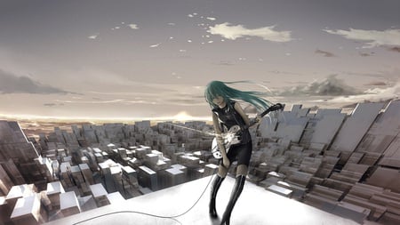 Hatsune Miku - aqua, guitar, thighhighs, music, anime girl, white, art, cool, aqua eyes, artistic, hatsune miku, song, buildings, skyscrapers, vocaloids, program, vocaloid, beautiful, diva, nice, realistic, beauty, sky, twintail, singer, aqua hair, black, virtual, pretty, idol, clouds, anime, miku, cute, girl, night, hatsune, real, abstract, city, awesome