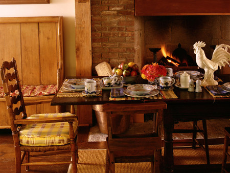 Dining room - beautiful, food, table, fireplace, dining room, fire, tableware, flowers vase, fruits