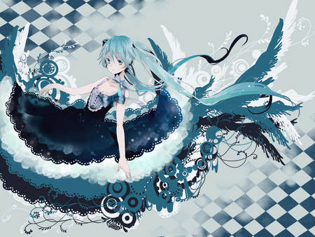 Hatsune Miku - pretty, artistic, angel, contrast, nice, abstract, program, blue dress, beauty, virtual, white, wings, cute, aqua eyes, song, vocaloid, anime, blue, twintail, dress, hatsune miku, music, aqua, art, idol, anime girl, beautiful, singer, girl, cool, white dress, black, miku, awesome, diva, aqua hair, hatsune, vocaloids