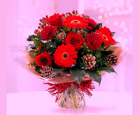 For Nexus Administration team - bow, arrangement, red flowers, pine cones, green, flowers, christmas, vase