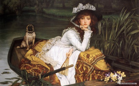 a painting of young women and dog - a, river, painting, beautiful