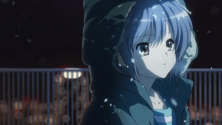 Nagato Yuki - short hair, yuki, snow, seifuku, nagato yuki, suzumiya haruhi no yuutsu, night