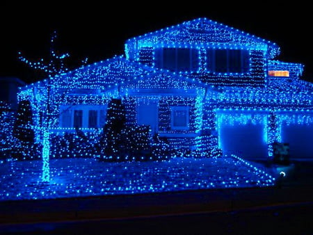 Blue for Christmas - house, holiday decoration, christmas time, blue lights, festive