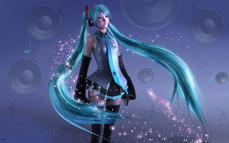 Hatsune Miku - tie, pretty, real, uniform, headphones, nice, program, sparkle, thighhighs, bass, beauty, virtual, white, cute, 3d, song, vocaloid, anime, blue, base, twintail, photo, microphone, hatusne miku, music, aqua, hd, idol, anime girl, skirt, realistic, beautiful, singer, girl, cool, black, glow, miku, awesome, diva, hatsune, vocaloids, headset