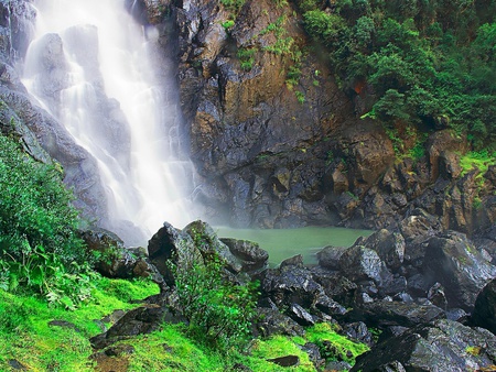 the waterfall - trees, water, rock, grass, mountains