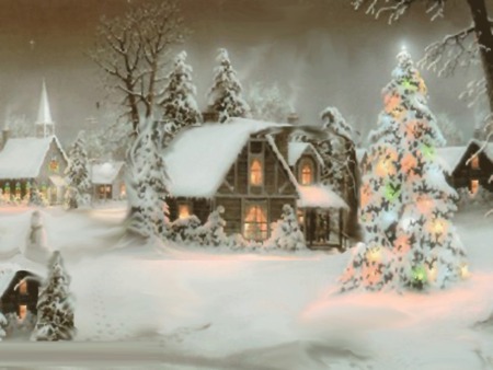 Christmas-Natural-Beauty - trees, landscape, snow, winter, house, christmas