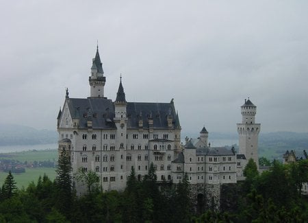 Swiss Castle - white, roof, trees, grey, castle, towers, high