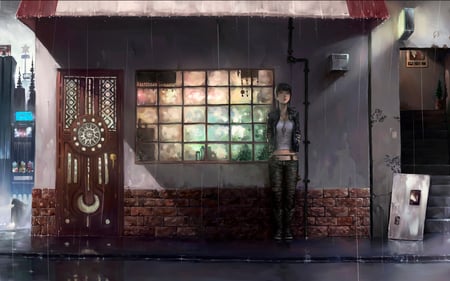 I wait for you! - house, stone, anime girl, window, girl, alone, rain, wall, silent