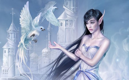 Fantasy Elf - white, doves, elf, fantasy