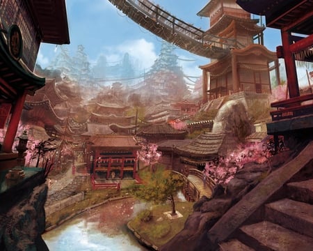 Old School China Town - sky, houses, china, water, wood, brown, cloud, blue, flowers