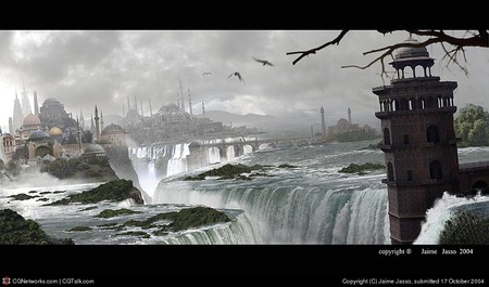 A-Spiritual-City - city, waterfall, bridge, bird