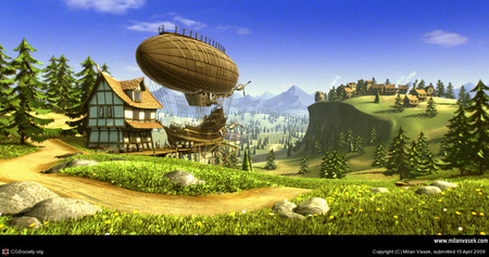 Airship - house, airship, forest, mountain