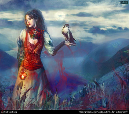 Assassin - moon, bird, mountain, woman