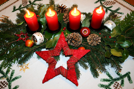 4. Advent - pinecone, pine arrangement, 4 red candles, burning, beautiful, christmas decoration