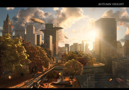 Autumn Height - city, airship, sunset, autumn