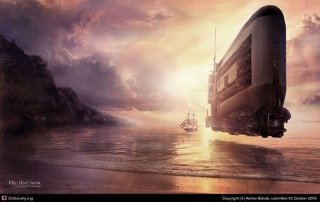 By The Sea - scifi, rock, boat, ship, sunset, sea