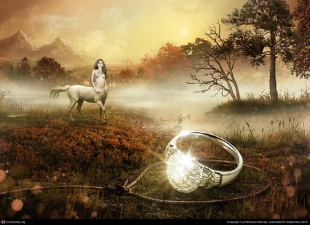 Centaur in swamps - ring, centaur, sunset, trap, mountain