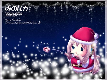 Chibi Megurine Luka - aqua, music, anime girl, white, santa, cool, holiday, aqua eyes, little, song, snowflakes, present, vocaloids, program, vocaloid, snow, pink, beautiful, diva, costume, beauty, nice, sky, santa claus, singer, blue sky, black, virtual, pretty, megurine luka, idol, anime, cute, megurine, chibi luka, luka, stars, girl, chibi, winter, pink hair, christmas, red, blue, awesome, lights