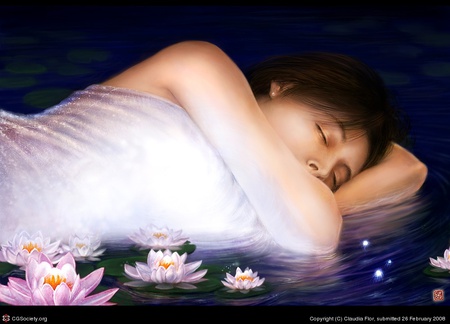 Dreaming - woman, sleep, lake, lotus