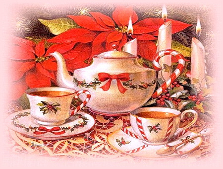 Please come for tea - christmas, cups, christmas theme, tea pot, poinsettia, candles, tea, candy canes