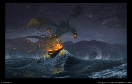 Ferrod's Interception - dragon, ship, fire, wave