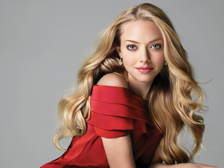 Amanda Seyfried - actress, pretty, red dress, female, golden hair, long hair, cute