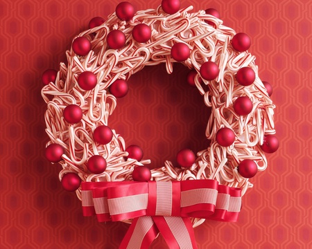 Red Christmas - candy canes, red, yule, festive, holiday, wreath, christmas