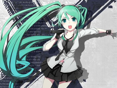 Hatsune Miku - aqua, hot, music, thighhighs, anime girl, white, cool, hatsune miku, sexy, skirt, song, vocaloids, program, vocaloid, beautiful, diva, nice, beauty, twintail, aqua hair, black, virtual, pretty, idol, anime, miku, cute, girl, lyrics, hatsune, microphone, singing, awesome