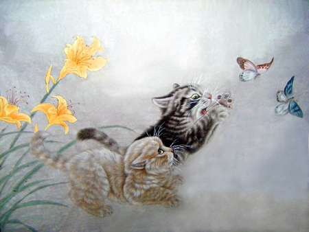 Naughty Kittens - yellow, butterflies, mischief, catching, stems, spring, playing, leaves, flowers, big, kittens, garden