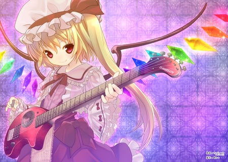 Touhou Flandre - kawaii, flandre scarlet, red dress, blonde hair, red eyes, vampire, guitar, touhou, purple, wings, cute