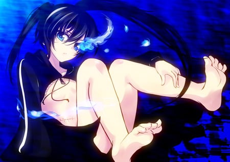 Black Rock Shooter - black rock shooter, anime, black hair, barefoot, brs, blue eyes