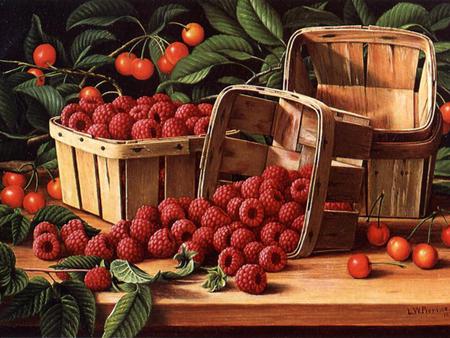 fruit of the land - cherries, fruit, table, baskets, raspberries